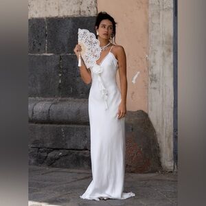 12th Tribe- Prosecco White Rosette Frill Maxi Dress